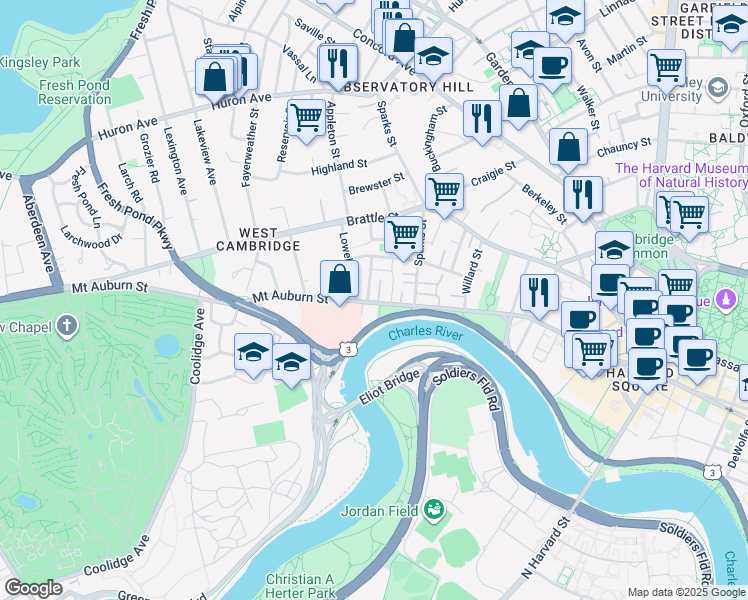 map of restaurants, bars, coffee shops, grocery stores, and more near 25 Lowell Street in Cambridge