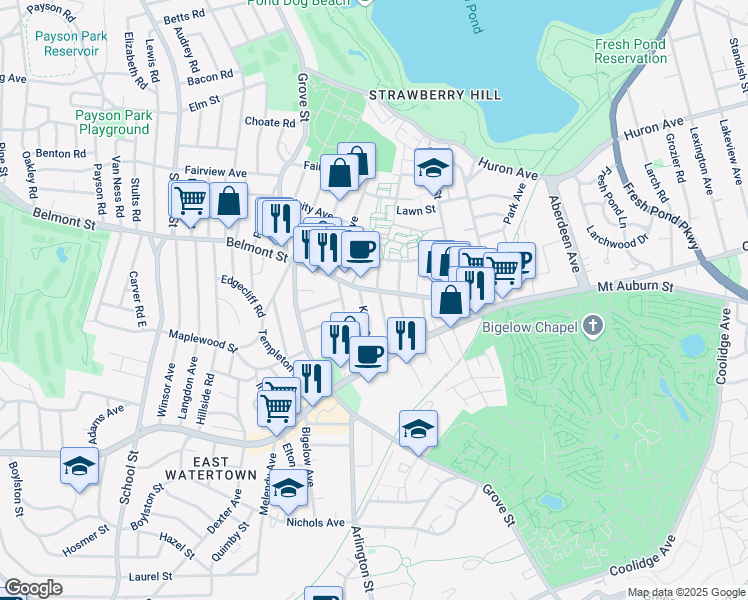map of restaurants, bars, coffee shops, grocery stores, and more near 120 Belmont Street in Watertown