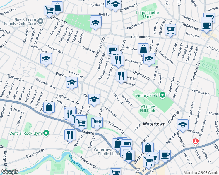 map of restaurants, bars, coffee shops, grocery stores, and more near 22 Downey Street in Watertown