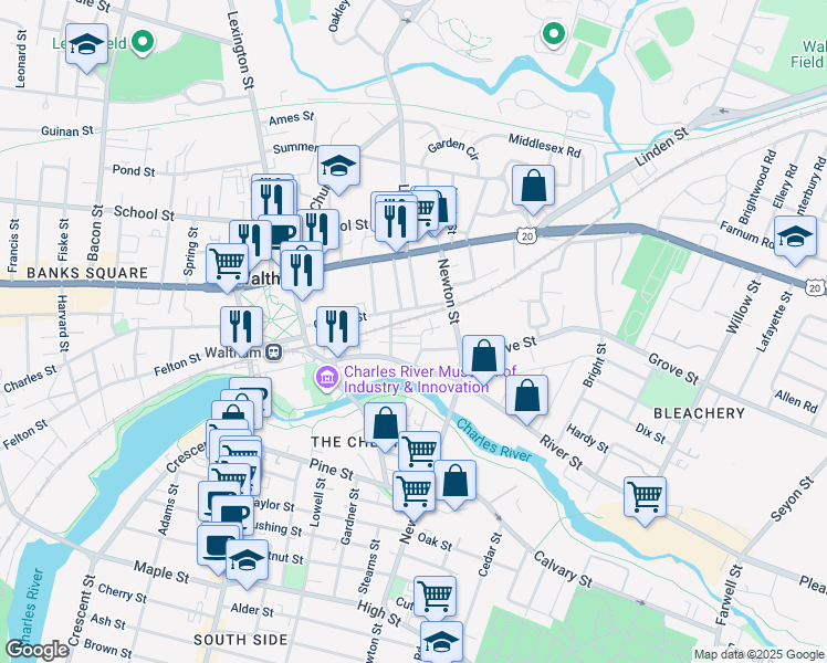 map of restaurants, bars, coffee shops, grocery stores, and more near 30A Amory Road in Waltham