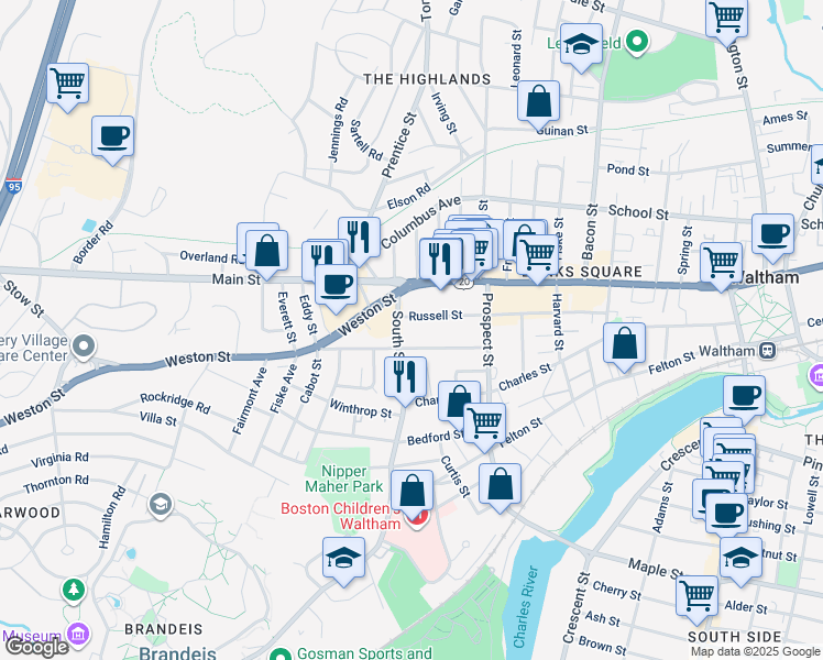 map of restaurants, bars, coffee shops, grocery stores, and more near 166 Russell Street in Waltham