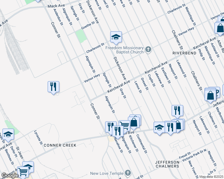 map of restaurants, bars, coffee shops, grocery stores, and more near 12814 Kercheval Avenue in Detroit
