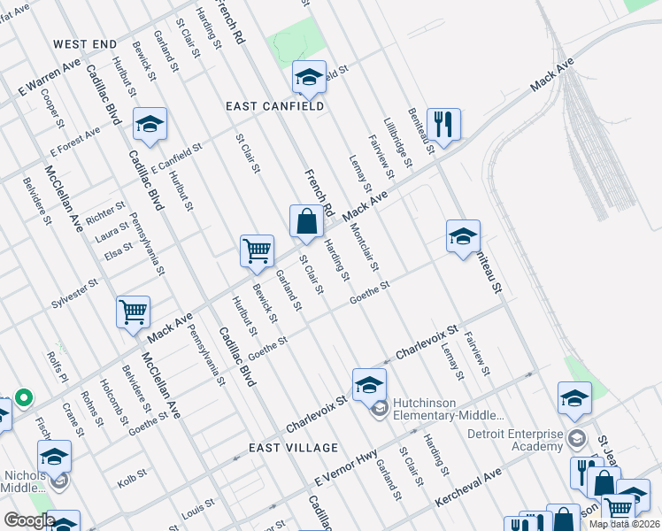 map of restaurants, bars, coffee shops, grocery stores, and more near 3499 Harding Street in Detroit