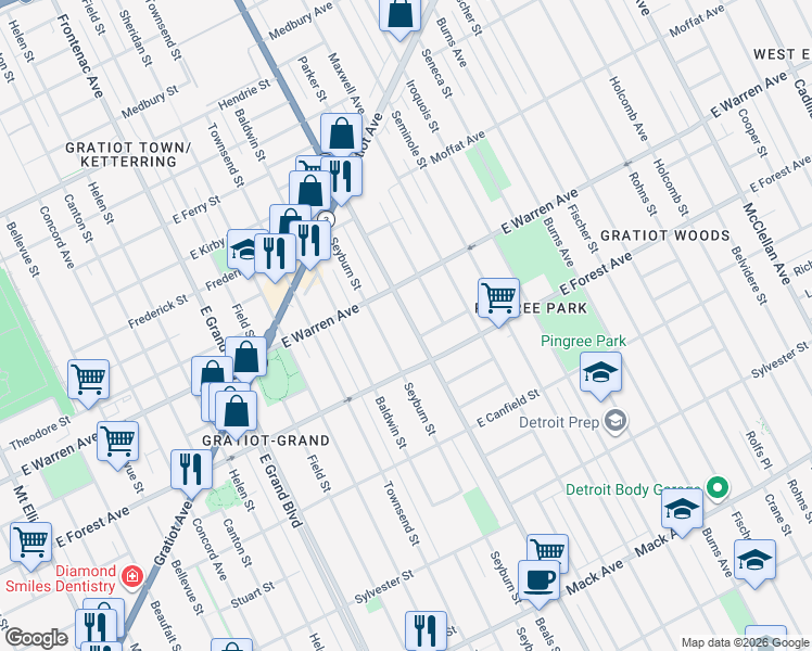 map of restaurants, bars, coffee shops, grocery stores, and more near 4828 Van Dyke Street in Detroit