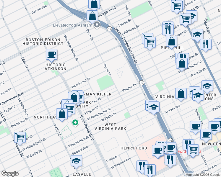 map of restaurants, bars, coffee shops, grocery stores, and more near 1463 Blaine Street in Detroit