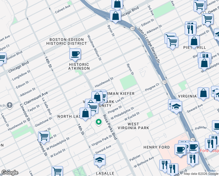 map of restaurants, bars, coffee shops, grocery stores, and more near 1620 Gladstone Street in Detroit