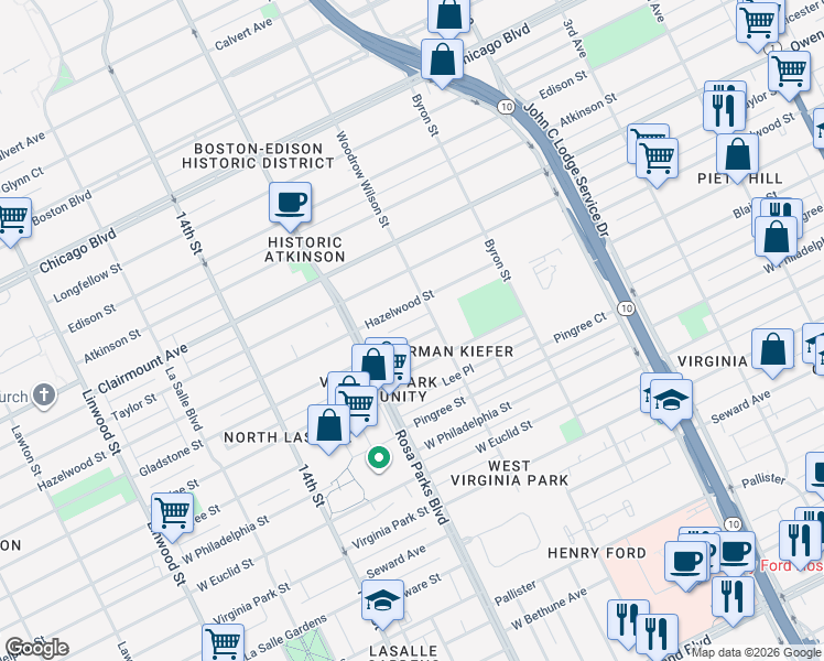 map of restaurants, bars, coffee shops, grocery stores, and more near 1620 Gladstone Street in Detroit