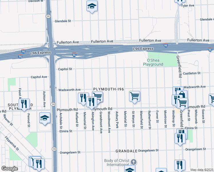 map of restaurants, bars, coffee shops, grocery stores, and more near 12024 Woodmont Avenue in Detroit