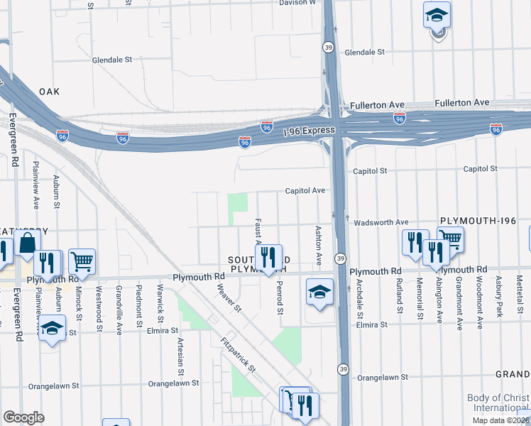map of restaurants, bars, coffee shops, grocery stores, and more near 12038 Faust Avenue in Detroit