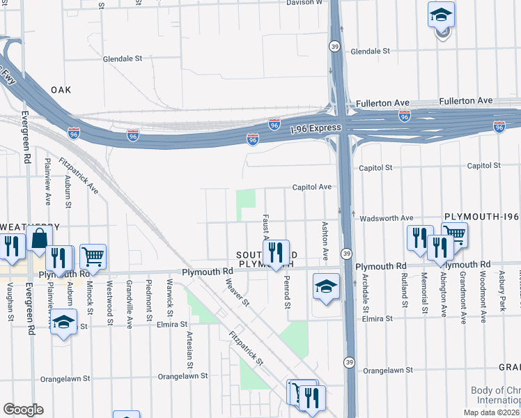 map of restaurants, bars, coffee shops, grocery stores, and more near 12038 Faust Avenue in Detroit