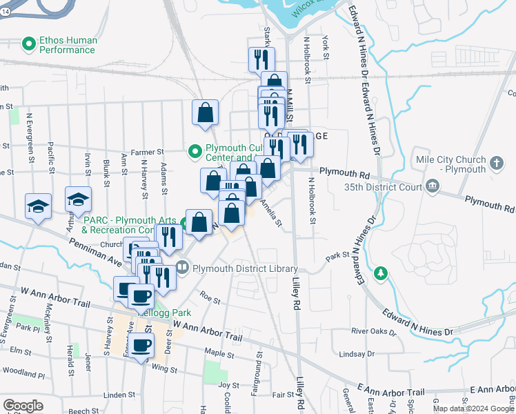 map of restaurants, bars, coffee shops, grocery stores, and more near 352 North Main Street in Plymouth