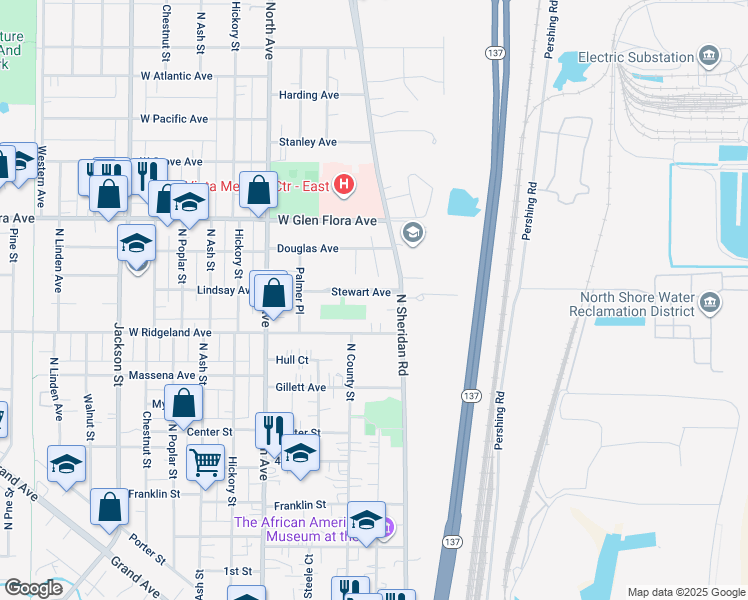 map of restaurants, bars, coffee shops, grocery stores, and more near 217 Stewart Avenue in Waukegan