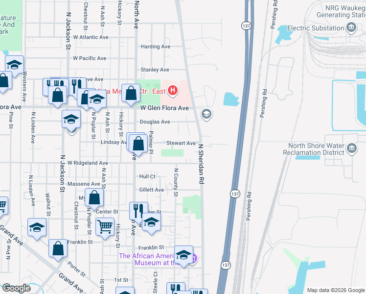 map of restaurants, bars, coffee shops, grocery stores, and more near 217 Stewart Avenue in Waukegan