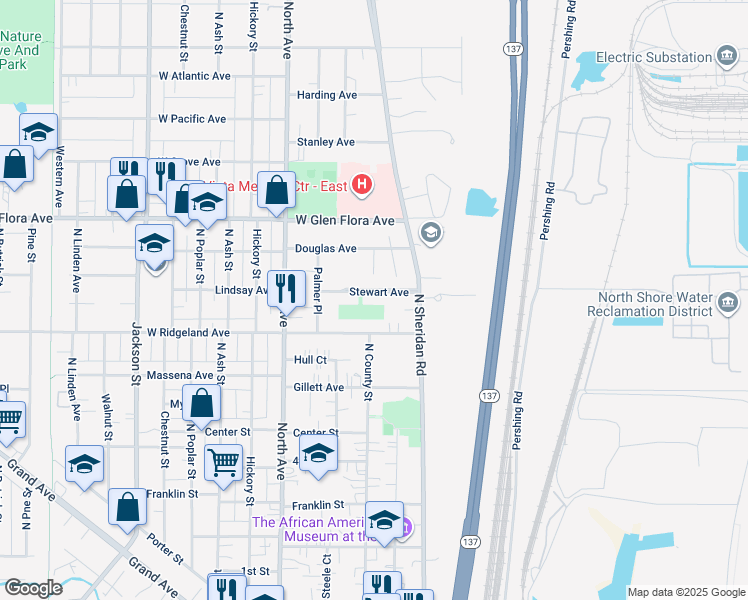 map of restaurants, bars, coffee shops, grocery stores, and more near 303 Stewart Avenue in Waukegan