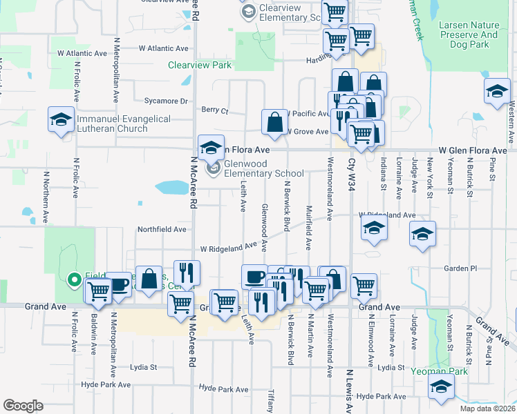 map of restaurants, bars, coffee shops, grocery stores, and more near 1044 Glenwood Avenue in Waukegan