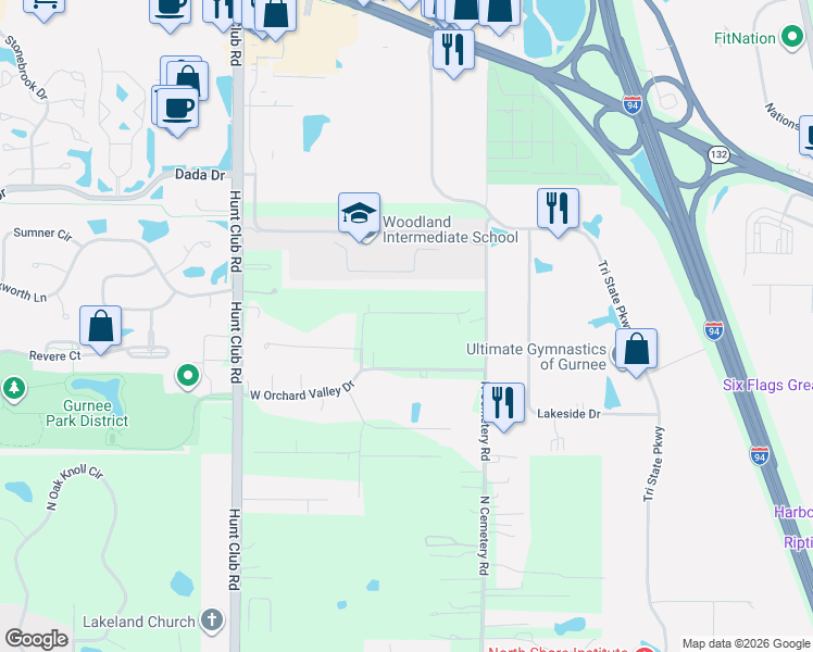map of restaurants, bars, coffee shops, grocery stores, and more near 16655 West Applewood Court in Gurnee