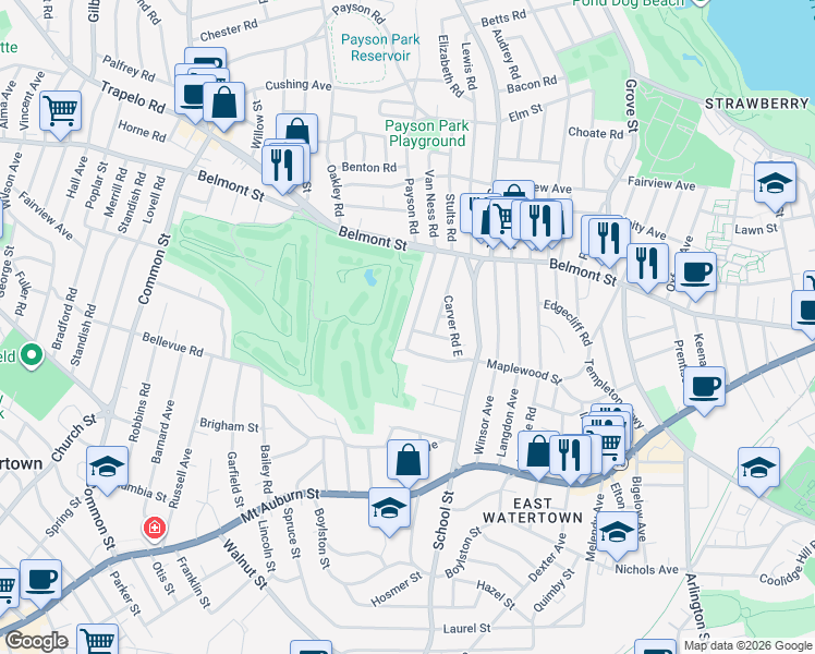 map of restaurants, bars, coffee shops, grocery stores, and more near 67 Commonwealth Road in Watertown