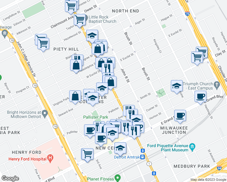 map of restaurants, bars, coffee shops, grocery stores, and more near Woodward Ave & Marston St in Detroit