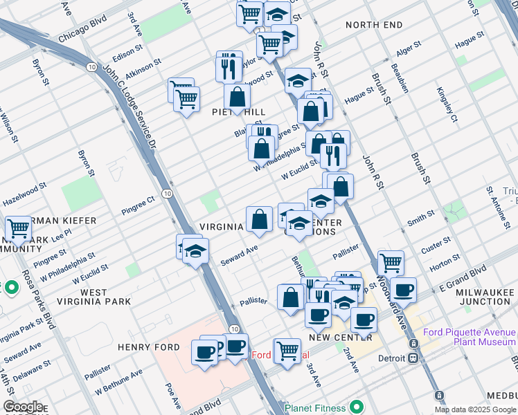 map of restaurants, bars, coffee shops, grocery stores, and more near 680 Virginia Park Street in Detroit