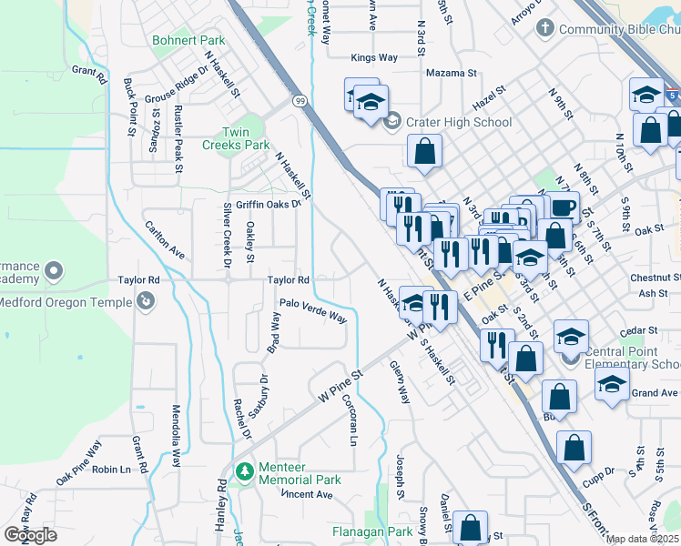 map of restaurants, bars, coffee shops, grocery stores, and more near 401 Richardson Drive in Central Point