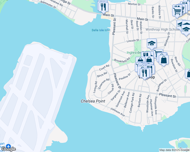 map of restaurants, bars, coffee shops, grocery stores, and more near 21 Loring Road in Winthrop