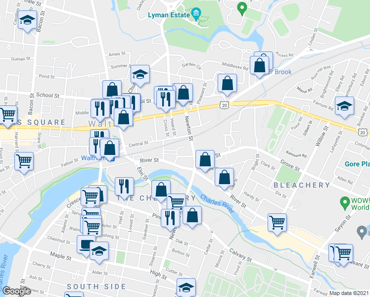 map of restaurants, bars, coffee shops, grocery stores, and more near 47 Amory Road in Waltham