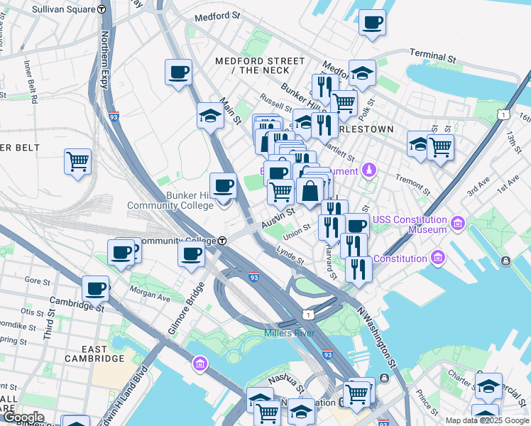 map of restaurants, bars, coffee shops, grocery stores, and more near 29-31 Austin Street in Boston