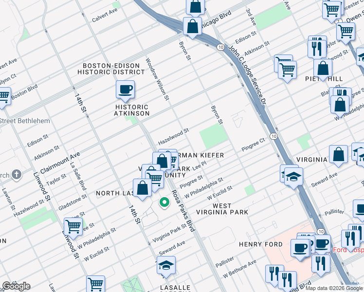 map of restaurants, bars, coffee shops, grocery stores, and more near 1620 Gladstone Street in Detroit