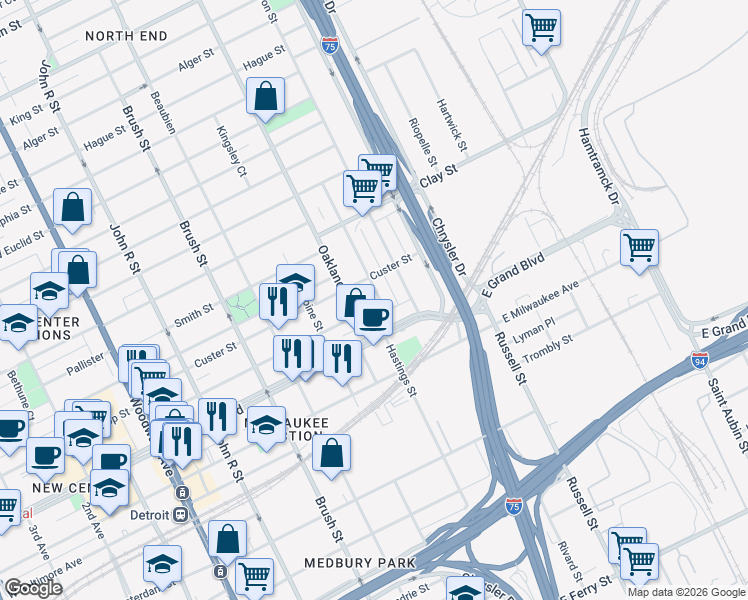 map of restaurants, bars, coffee shops, grocery stores, and more near 7367 Melrose Street in Detroit