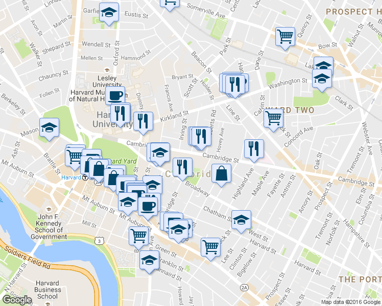 map of restaurants, bars, coffee shops, grocery stores, and more near Cambridge Street & Trowbridge Street in Cambridge