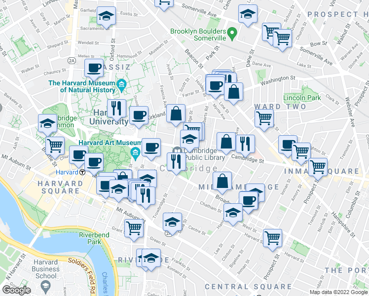 map of restaurants, bars, coffee shops, grocery stores, and more near Cambridge St & Trowbridge St in Mid-Cambridge
