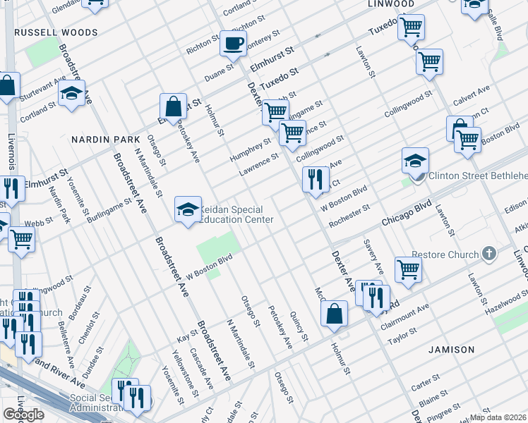 map of restaurants, bars, coffee shops, grocery stores, and more near 9968 Holmur Street in Detroit