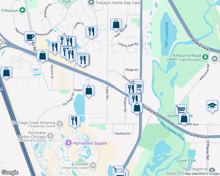 map of restaurants, bars, coffee shops, grocery stores, and more near 1011 Fuller Road in Gurnee