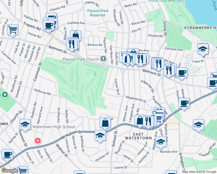 map of restaurants, bars, coffee shops, grocery stores, and more near 61 Carver Road in Watertown