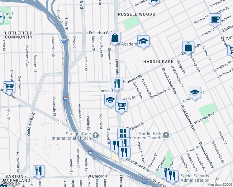 map of restaurants, bars, coffee shops, grocery stores, and more near 11731 Livernois in Detroit