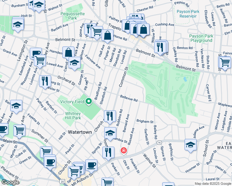 map of restaurants, bars, coffee shops, grocery stores, and more near 170 Bellevue Road in Watertown
