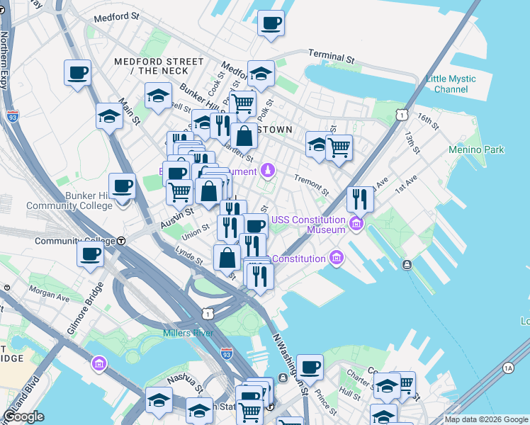 map of restaurants, bars, coffee shops, grocery stores, and more near 45 Soley Street in Boston
