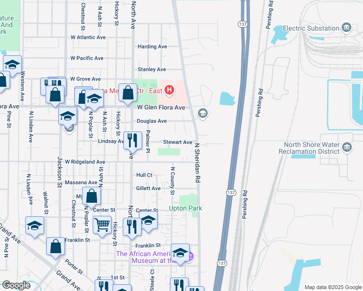 map of restaurants, bars, coffee shops, grocery stores, and more near 217 Stewart Avenue in Waukegan