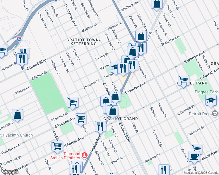 map of restaurants, bars, coffee shops, grocery stores, and more near 1206 East Grand Boulevard in Detroit