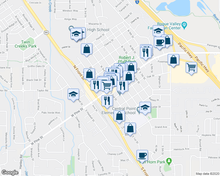 map of restaurants, bars, coffee shops, grocery stores, and more near 217 E Pine St in Central Point