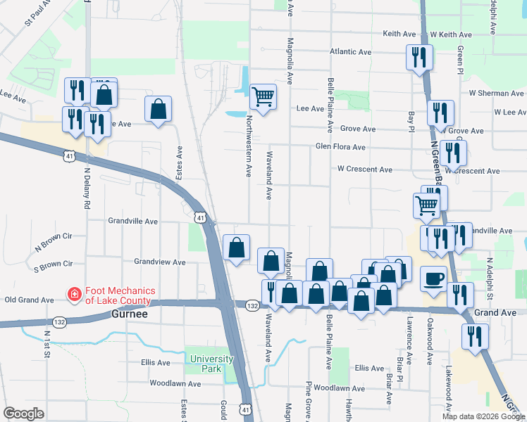 map of restaurants, bars, coffee shops, grocery stores, and more near 1032 Waveland Avenue in Gurnee