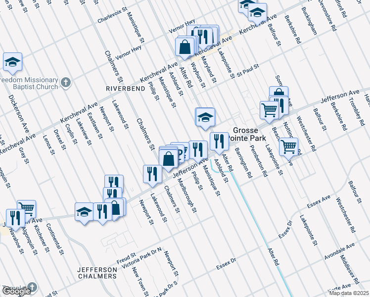 map of restaurants, bars, coffee shops, grocery stores, and more near 1074 Philip Street in Detroit
