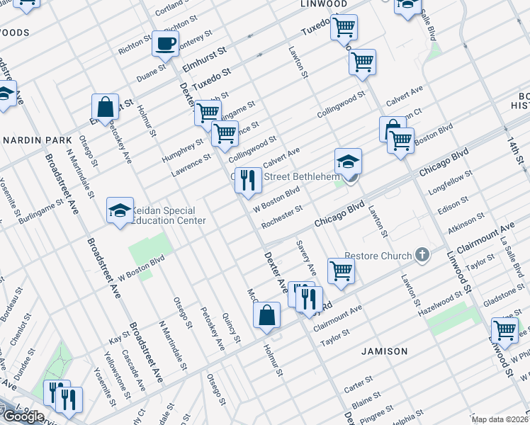 map of restaurants, bars, coffee shops, grocery stores, and more near 3353 W Boston Blvd in Detroit
