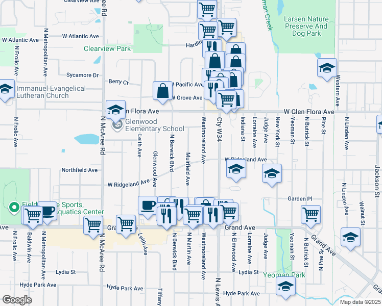 map of restaurants, bars, coffee shops, grocery stores, and more near 1019 Muirfield Avenue in Waukegan