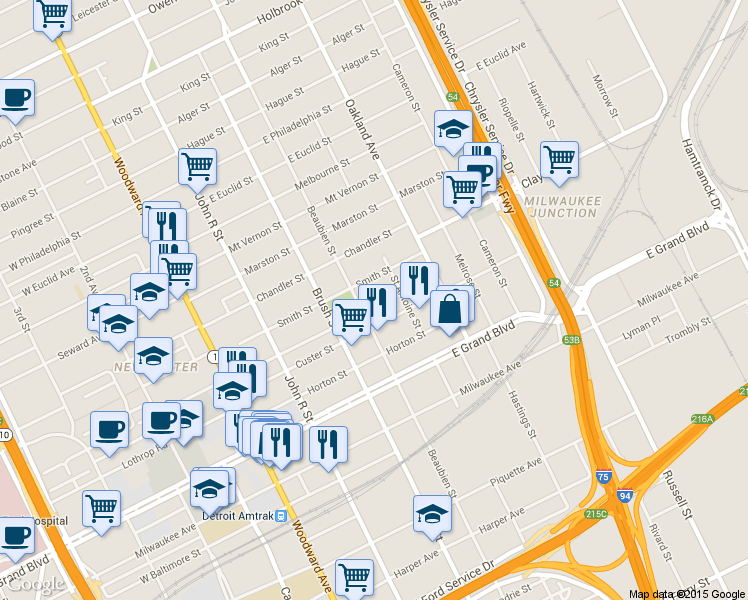 map of restaurants, bars, coffee shops, grocery stores, and more near 525 East Bethune Street in Detroit