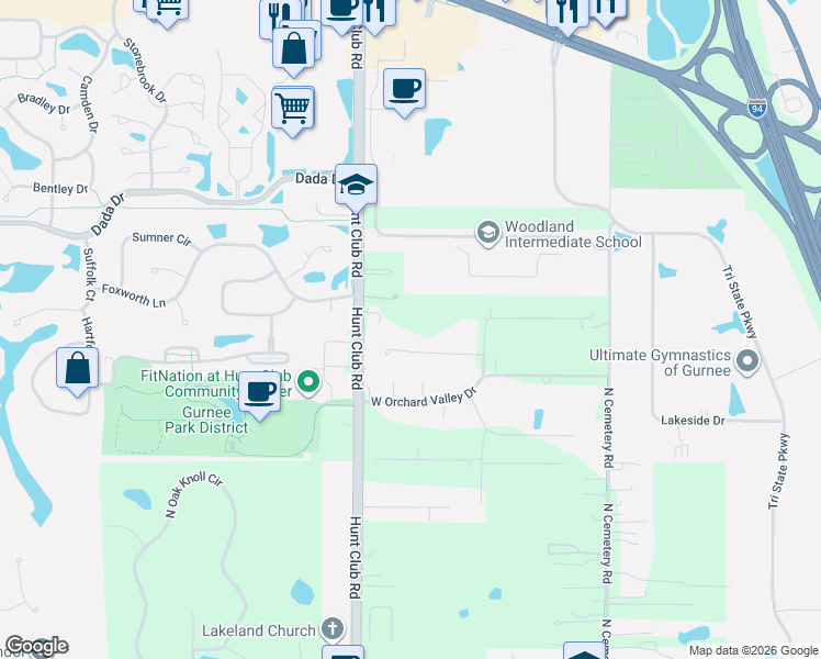 map of restaurants, bars, coffee shops, grocery stores, and more near 16926 West Jonathan Lane in Gurnee