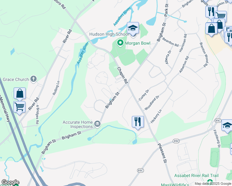 map of restaurants, bars, coffee shops, grocery stores, and more near 1111 Brigham Street in Hudson