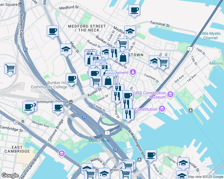 map of restaurants, bars, coffee shops, grocery stores, and more near 151 Main Street in Boston
