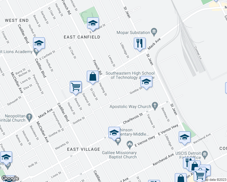 map of restaurants, bars, coffee shops, grocery stores, and more near 3463 Montclair Street in Detroit