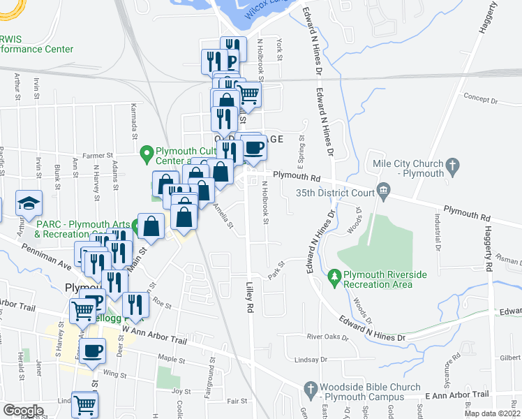 map of restaurants, bars, coffee shops, grocery stores, and more near 245 North Holbrook Street in Plymouth